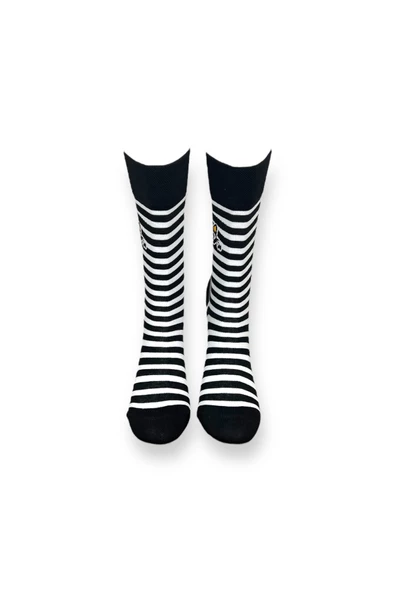 Me-vo 2'li Siyah Renkli Unisex Esnek Nem Alabilen Pamuklu Çizgili ve Pati Desenli Soket Çoraplar - Resim 4
