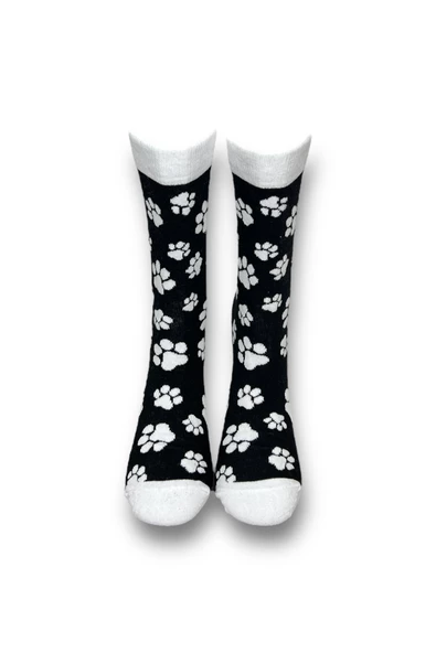 Me-vo 2'li Siyah Renkli Unisex Esnek Nem Alabilen Pamuklu Çizgili ve Pati Desenli Soket Çoraplar - Resim 7