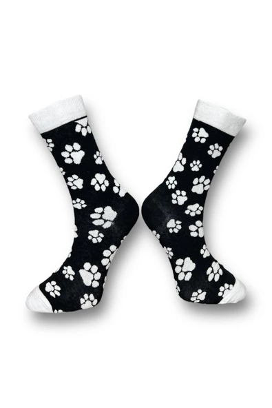 Me-vo 2'li Siyah Renkli Unisex Esnek Nem Alabilen Pamuklu Çizgili ve Pati Desenli Soket Çoraplar - Resim 6