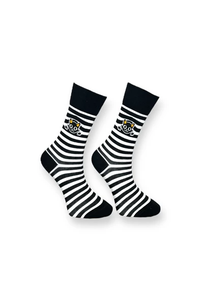 Me-vo 2'li Siyah Renkli Unisex Esnek Nem Alabilen Pamuklu Çizgili ve Pati Desenli Soket Çoraplar - Resim 2
