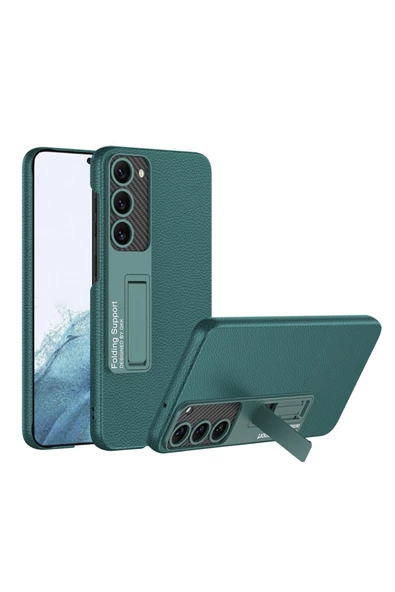 CEPCASE    Galaxy S23 Plus Uyumlu Kılıf Natural Deri Standlı Karbon Fiber Görünümlü Kapak