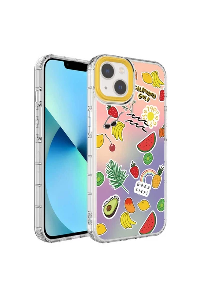 CEPCASE    Apple  iPhone 13 Kılıf Kamera Korumalı Colourful Desenli Hard Silikon Summer Style Kapak
