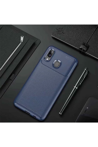 CEPCASE    Samsung Galaxy A20 Kılıf Karbon Fiber Tasarım Ultra Slim Lüx Görünüm Silikon Kapak