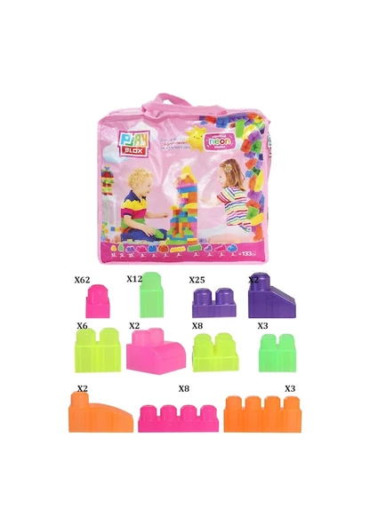 Asya Oyuncak Play Blox Yapı Oyuncakları Neon Renkli Bloklar Pembe Çantalı 133 Parça 2991