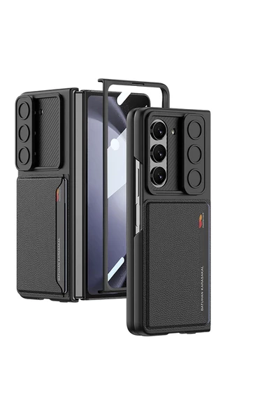 CEPCASE    Galaxy Z Fold 5 Kılıf Premium Serisi Kartlıklı Sürgülü Kamera Korumalı Suni Deri Arka Yüzey Kapak