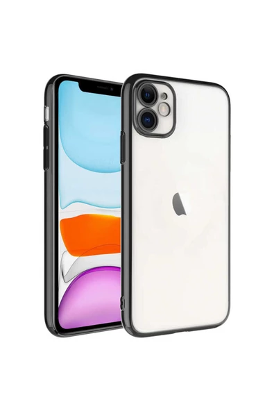 CEPCASE    Apple iPhone 11 Kılıf Renkli Çerçeveli Arkası Şeffaf Metal Buton Sert PC Silikon Kapak