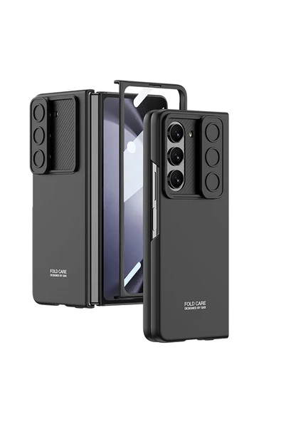 CEPCASE    Galaxy Z Fold 5 Kılıf Sürgülü Kamera Lens Korumalı Metal Görünüm 360 Tam Korumalı Kapak