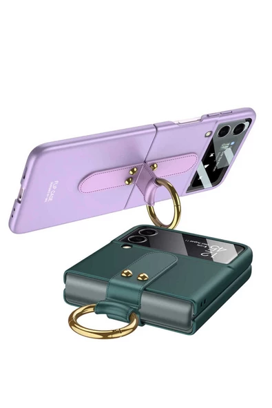 CEPCASE    Galaxy Z Flip 3 Kılıf Yüzük Aparatlı Matte Yüzey Kamera Korumalı Flip Ring Tam Kalıp - Resim 4