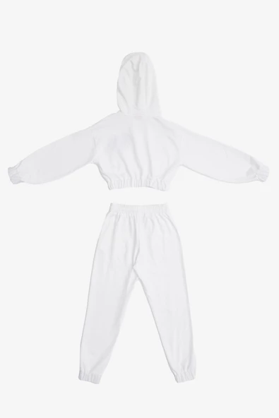 Gro Ekru Pamuklu Kız Çocuk Crop Sweatshirt Jogger 2'li Takım - 2