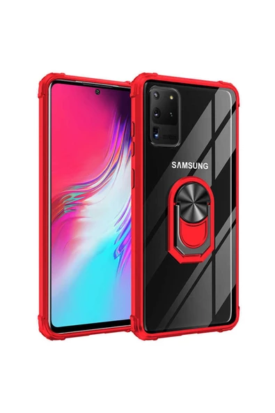 CEPCASE    Samsung Galaxy S20 Ultra Kılıf Arka Şeffaf Köşe Ve Yüzük Renkli Darbeye Dayanıklı Sert Pc Kapak