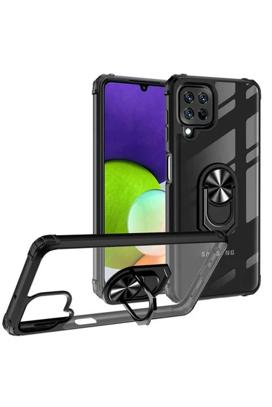 CEPCASE    Samsung Galaxy M22 Kılıf Arka Şeffaf Köşe Ve Yüzük Renkli Darbeye Dayanıklı Sert Pc Kapak - Resim 3