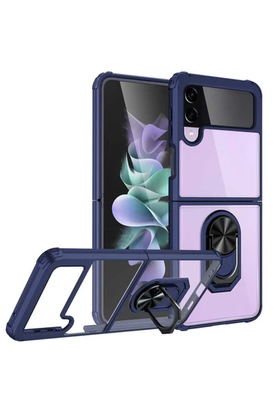 CEPCASE    Samsung Galaxy Z Flip 3 Kılıf Arka Şeffaf Köşe Ve Yüzük Renkli Darbeye Dayanıklı Sert Pc Kapak - Resim 2