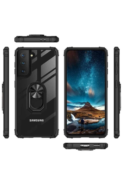 CEPCASE    Samsung Galaxy S21 Plus Kılıf Arka Şeffaf Köşe Ve Yüzük Renkli Darbeye Dayanıklı Sert Pc Kapak - Resim 3