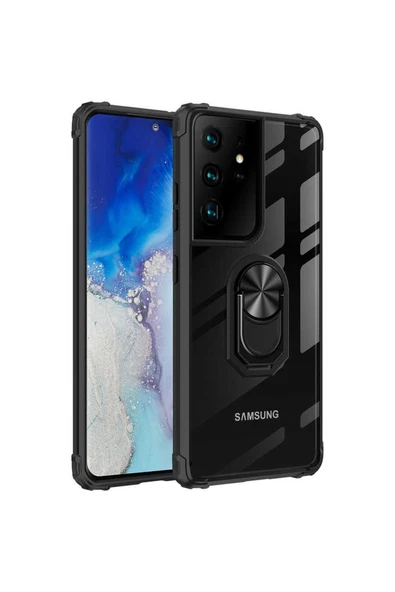 CEPCASE    Samsung Galaxy S21 Ultra Kılıf Arka Şeffaf Köşe Ve Yüzük Renkli Darbeye Dayanıklı Sert Pc Kapak - Resim 2