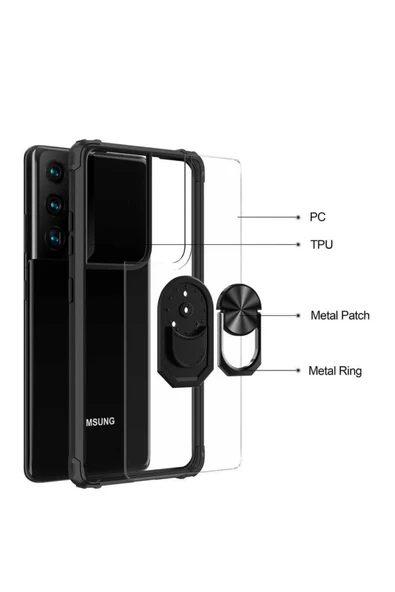 CEPCASE    Samsung Galaxy S21 Ultra Kılıf Arka Şeffaf Köşe Ve Yüzük Renkli Darbeye Dayanıklı Sert Pc Kapak - Resim 3