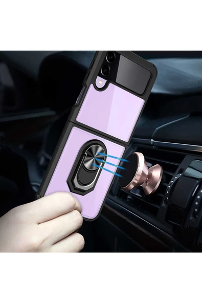 CEPCASE    Samsung Galaxy Z Flip 3 Kılıf Arka Şeffaf Köşe Ve Yüzük Renkli Darbeye Dayanıklı Sert Pc Kapak - Resim 4
