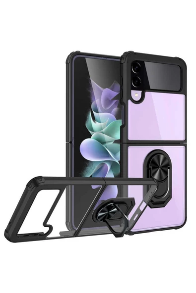 CEPCASE    Samsung Galaxy Z Flip 3 Kılıf Arka Şeffaf Köşe Ve Yüzük Renkli Darbeye Dayanıklı Sert Pc Kapak ürün görseli