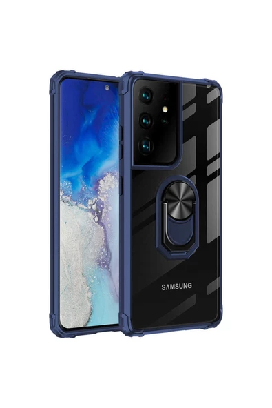 CEPCASE    Samsung Galaxy S21 Ultra Kılıf Arka Şeffaf Köşe Ve Yüzük Renkli Darbeye Dayanıklı Sert Pc Kapak ürün görseli