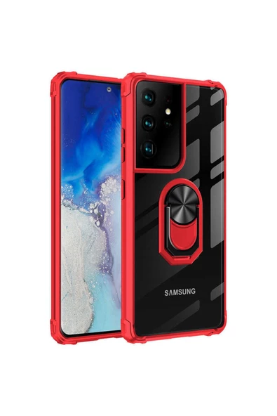 CEPCASE    Samsung Galaxy S21 Ultra Kılıf Arka Şeffaf Köşe Ve Yüzük Renkli Darbeye Dayanıklı Sert Pc Kapak ürün görseli