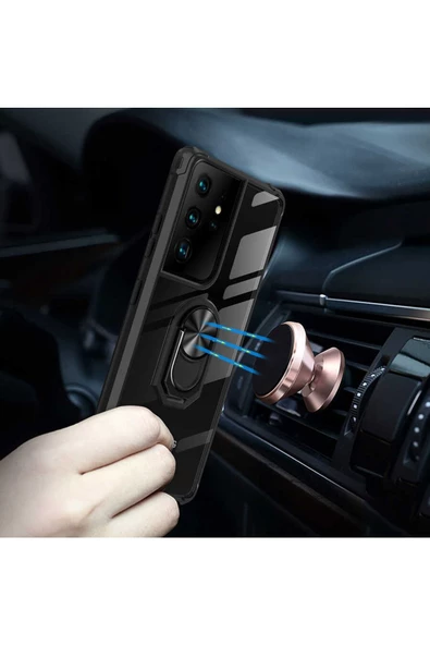 CEPCASE    Samsung Galaxy S21 Ultra Kılıf Arka Şeffaf Köşe Ve Yüzük Renkli Darbeye Dayanıklı Sert Pc Kapak - Resim 5