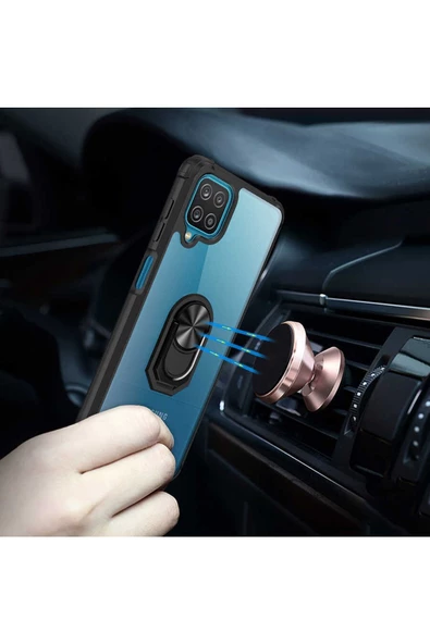 CEPCASE    Samsung Galaxy A12 Kılıf Arka Şeffaf Köşe Ve Yüzük Renkli Darbeye Dayanıklı Sert Pc Kapak - Resim 4