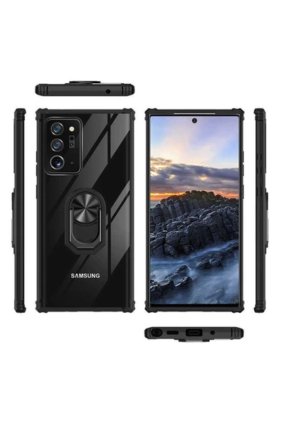 CEPCASE    Samsung Galaxy Note 20 Ultra Kılıf Arka Şeffaf Köşe Ve Yüzük Renkli Darbeye Dayanıklı Sert Pc Kapak - Resim 3