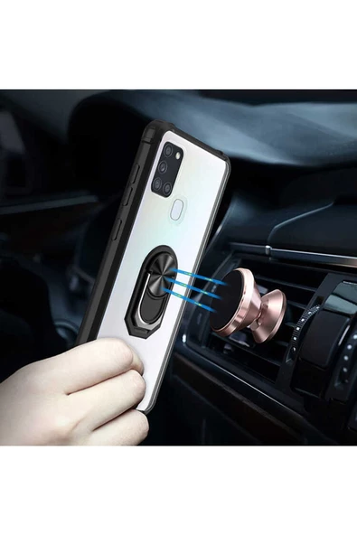 CEPCASE    Samsung Galaxy A21s Kılıf Arka Şeffaf Köşe Ve Yüzük Renkli Darbeye Dayanıklı Sert Pc Kapak - Resim 3