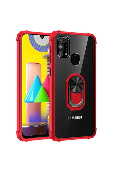 CEPCASE    Samsung Galaxy M31 Kılıf Arka Şeffaf Köşe Ve Yüzük Renkli Darbeye Dayanıklı Sert Pc Kapak