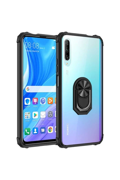 CEPCASE    Huawei P Smart Pro 2019 Kılıf Arka Şeffaf Köşe Ve Yüzük Renkli Darbeye Dayanıklı Sert Pc Kapak