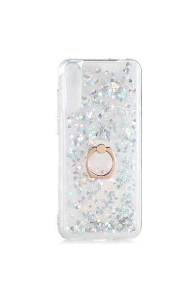 CEPCASE    Huawei P Smart S (y8p) Kılıf Yüzük Standlı Sıvılı Simli Pullu Renkli Desenli Silikon Kapak