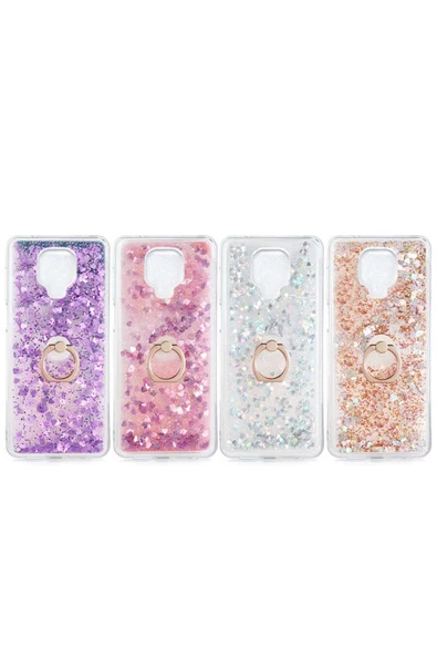 CEPCASE    Xiaomi Redmi Note 9 Pro Kılıf Yüzük Standlı Sıvılı Simli Pullu Renkli Desenli Silikon Kapak - Resim 2
