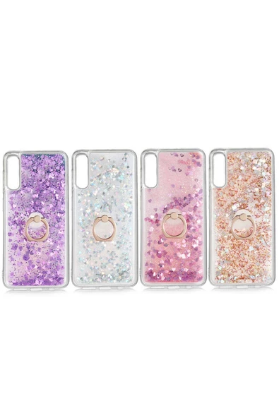 CEPCASE    Samsung Galaxy A50 Kılıf Yüzük Standlı Sıvılı Simli Pullu Renkli Desenli Silikon Kapak - Resim 3