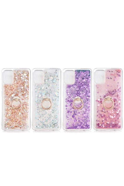 CEPCASE    Samsung Galaxy A51 Kılıf Yüzük Standlı Sıvılı Simli Pullu Renkli Desenli Silikon Kapak - Resim 3
