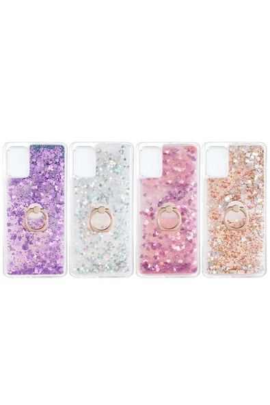 CEPCASE    Samsung Galaxy A71 Kılıf Yüzük Standlı Sıvılı Simli Pullu Renkli Desenli Silikon Kapak - Resim 3