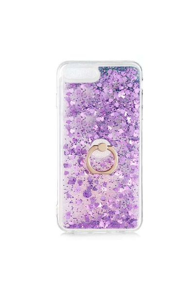 CEPCASE    Iphone 7 Plus Kılıf Yüzük Standlı Sıvılı Simli Pullu Renkli Desenli Silikon Kapak