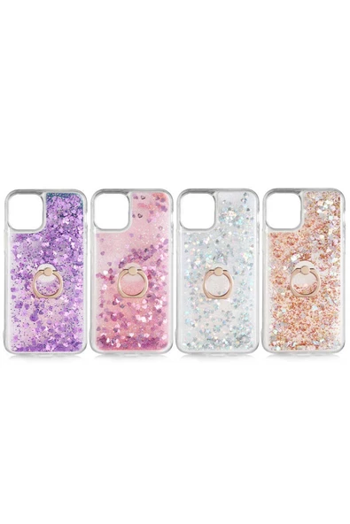 CEPCASE    Iphone 11 Kılıf Yüzük Standlı Sıvılı Simli Pullu Renkli Desenli Silikon Kapak - Resim 3