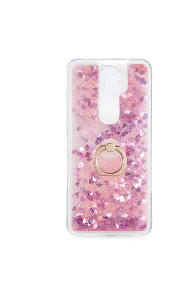 CEPCASE Xiaomi Redmi Note 8 Pro Kılıf Yüzük Standlı Sıvılı Simli Pullu Renkli Desenli Silikon Kapak