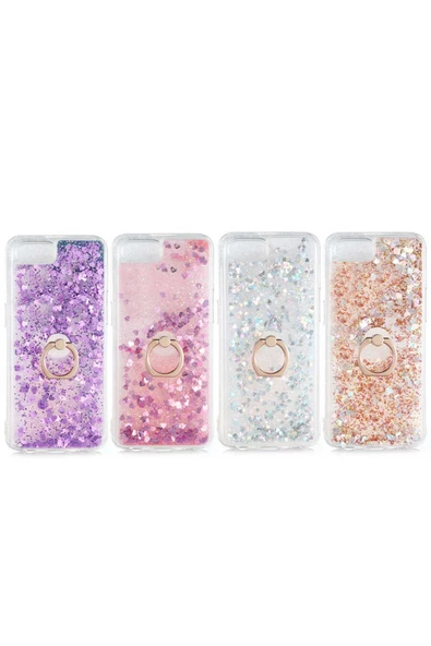 CEPCASE    Realme C2 Kılıf Yüzük Standlı Sıvılı Simli Pullu Renkli Desenli Silikon Kapak - Resim 3