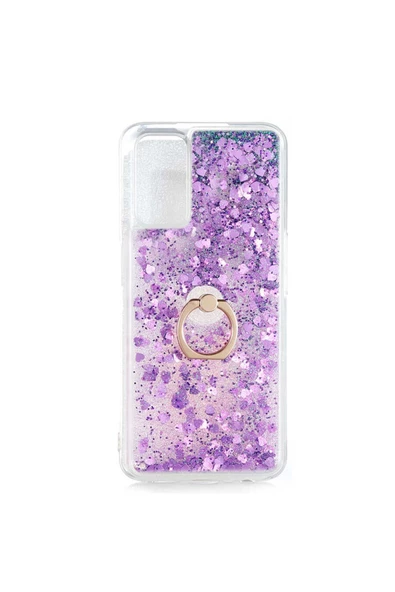 CEPCASE    Oppo A92 Kılıf Yüzük Standlı Sıvılı Simli Pullu Renkli Desenli Silikon Kapak