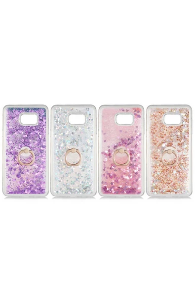 CEPCASE    Samsung Galaxy Note 5 Kılıf Yüzük Standlı Sıvılı Simli Pullu Renkli Desenli Silikon Kapak - Resim 3