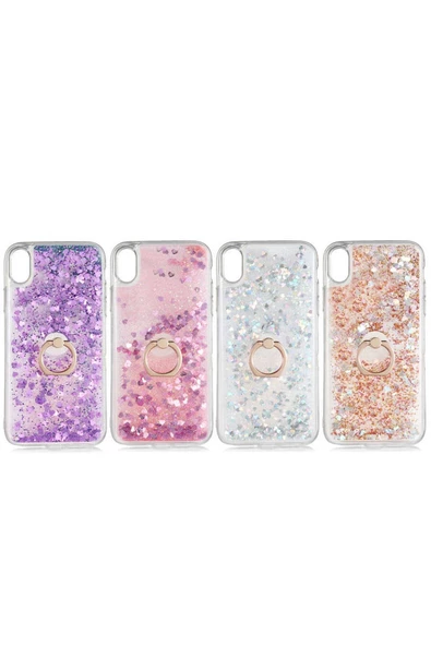 CEPCASE    Iphone Xs Max 6.5 Kılıf Yüzük Standlı Sıvılı Simli Pullu Renkli Desenli Silikon Kapak - Resim 3