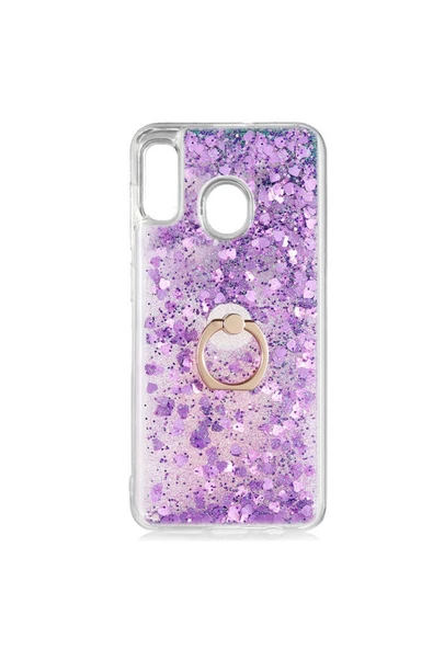 CEPCASE    Samsung Galaxy A20 Kılıf Yüzük Standlı Sıvılı Simli Pullu Renkli Desenli Silikon Kapak - Resim 2