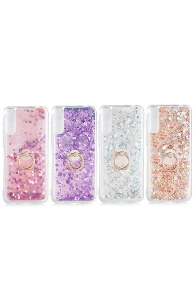 CEPCASE    Huawei P Smart S (y8p) Kılıf Yüzük Standlı Sıvılı Simli Pullu Renkli Desenli Silikon Kapak - Resim 3