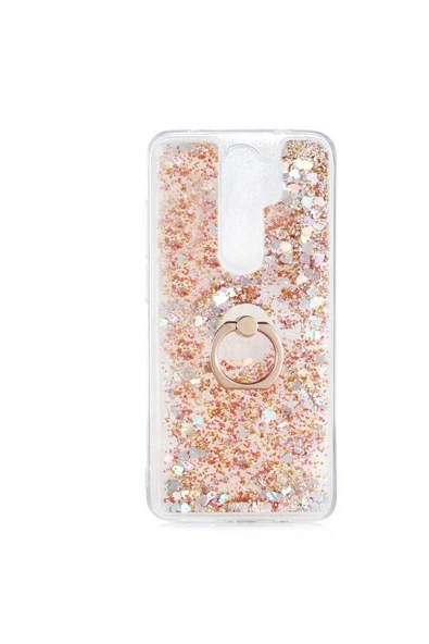 CEPCASE    Xiaomi Redmi Note 8 Pro Kılıf Yüzük Standlı Sıvılı Simli Pullu Renkli Desenli Silikon Kapak