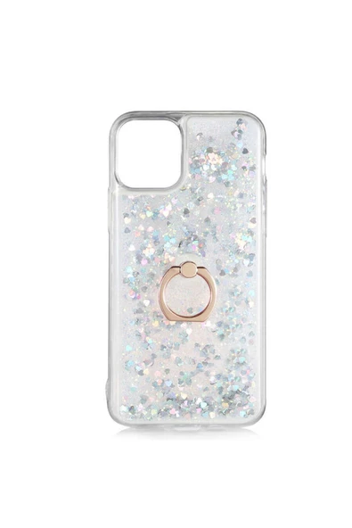 CEPCASE    Iphone 11 Pro Max Kılıf Yüzük Standlı Sıvılı Simli Pullu Renkli Desenli Silikon Kapak