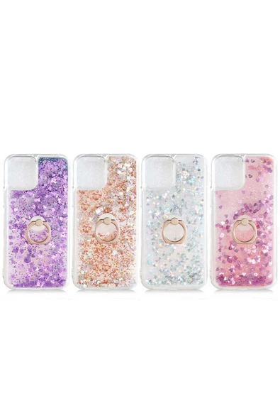 CEPCASE    Iphone 12 Mini Kılıf Yüzük Standlı Sıvılı Simli Pullu Renkli Desenli Silikon Kapak - Resim 3