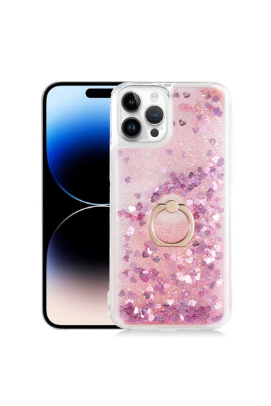 CEPCASE    Iphone 14 Pro Max Kılıf Yüzük Standlı Sıvılı Simli Pullu Renkli Desenli Silikon Kapak ürün görseli 1