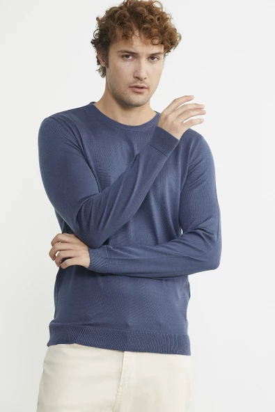 Erkek Sıfır Yaka Basic Triko Kazak - Indigo - Resim 4