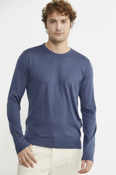 Erkek Sıfır Yaka Basic Triko Kazak - Indigo - Resim 3