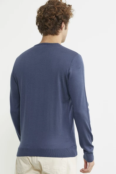 Erkek Sıfır Yaka Basic Triko Kazak - Indigo - Resim 5